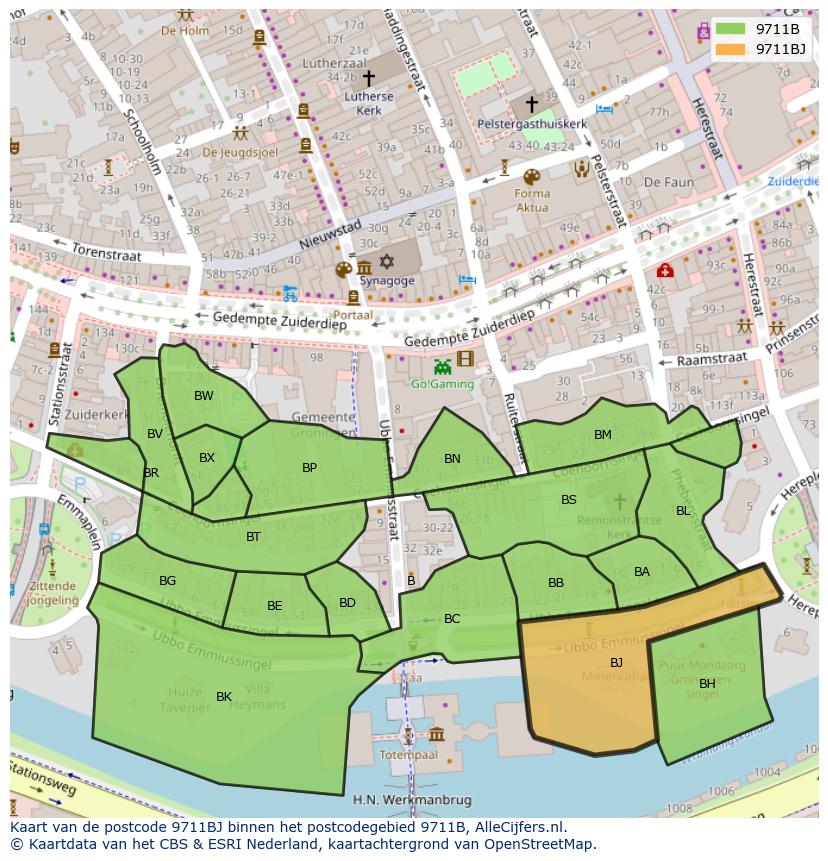 Afbeelding van het postcodegebied 9711 BJ op de kaart.