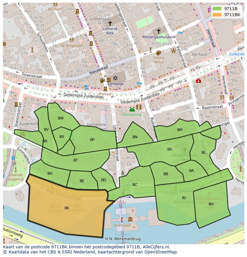 Afbeelding van het postcodegebied 9711 BK op de kaart.