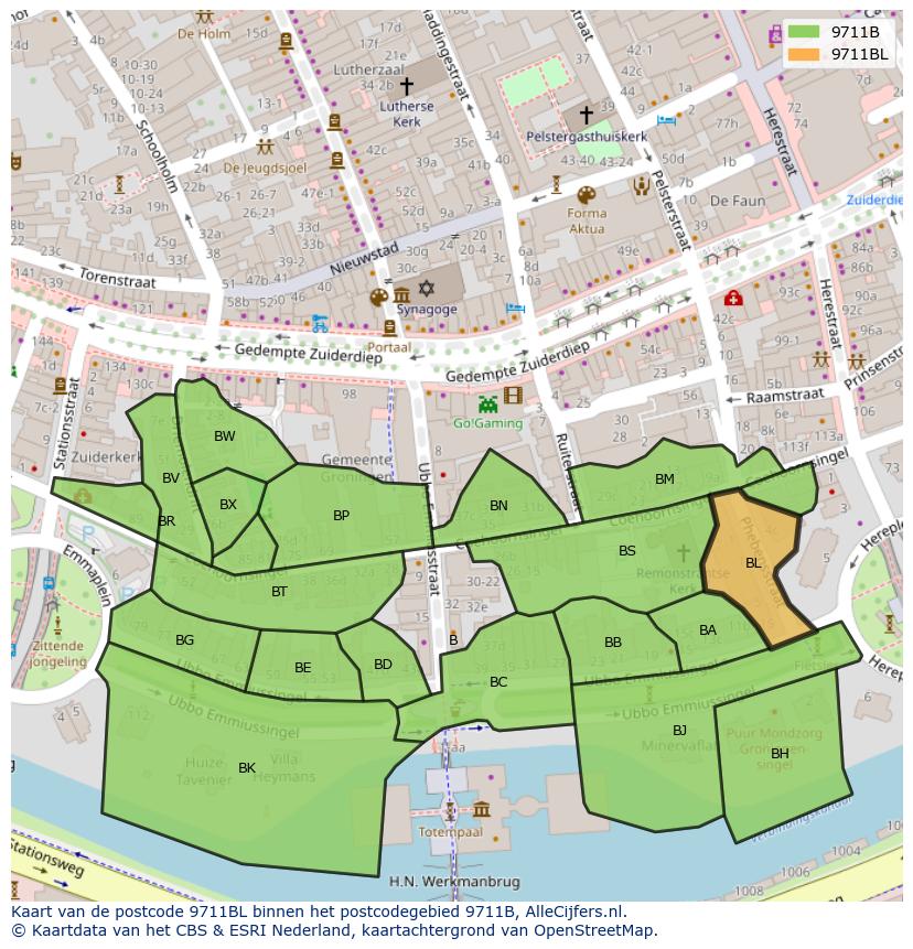 Afbeelding van het postcodegebied 9711 BL op de kaart.
