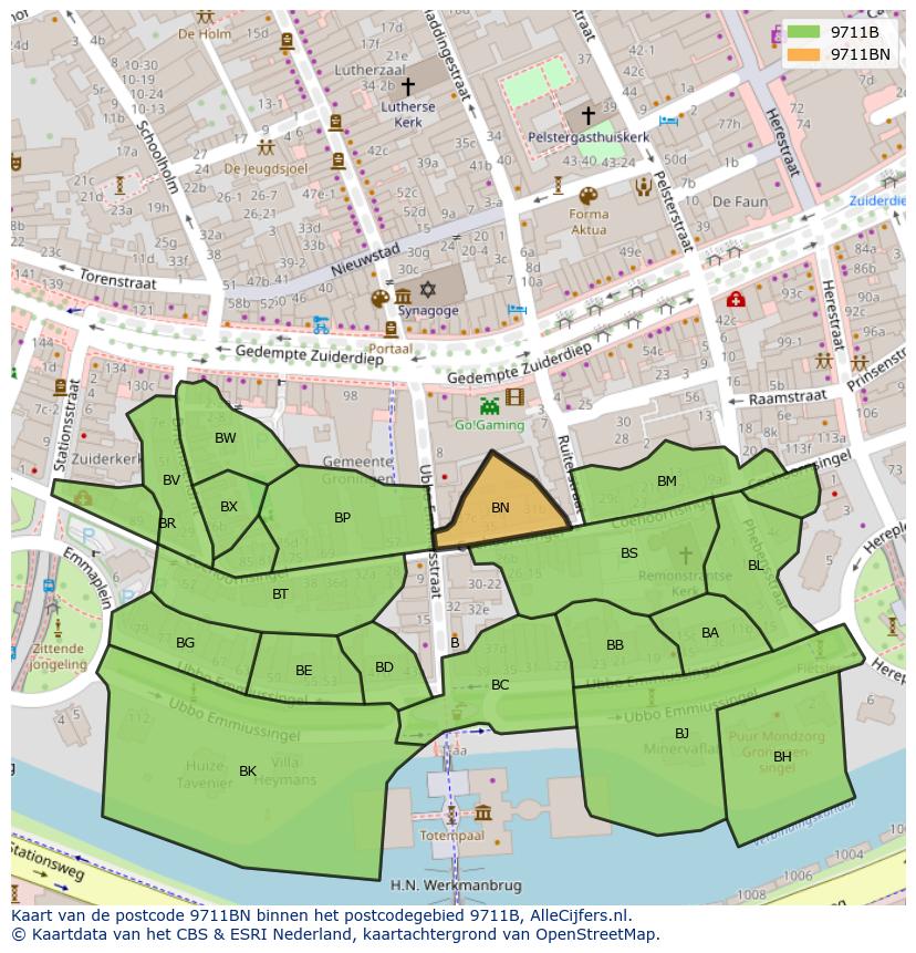 Afbeelding van het postcodegebied 9711 BN op de kaart.