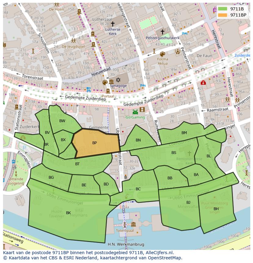 Afbeelding van het postcodegebied 9711 BP op de kaart.