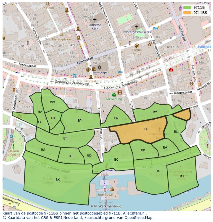 Afbeelding van het postcodegebied 9711 BS op de kaart.
