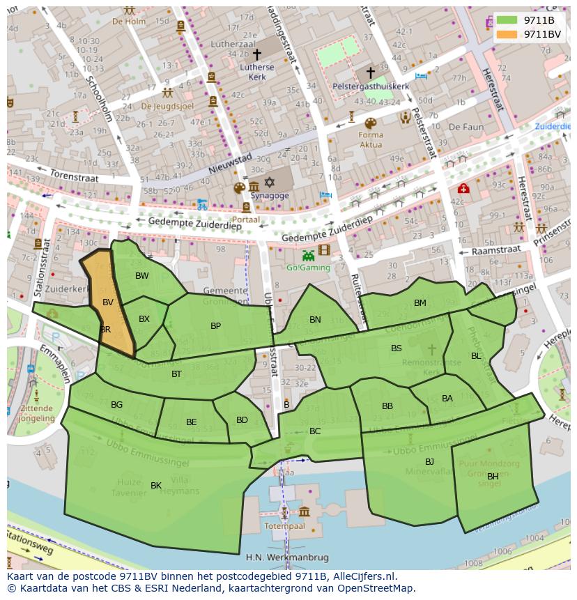 Afbeelding van het postcodegebied 9711 BV op de kaart.