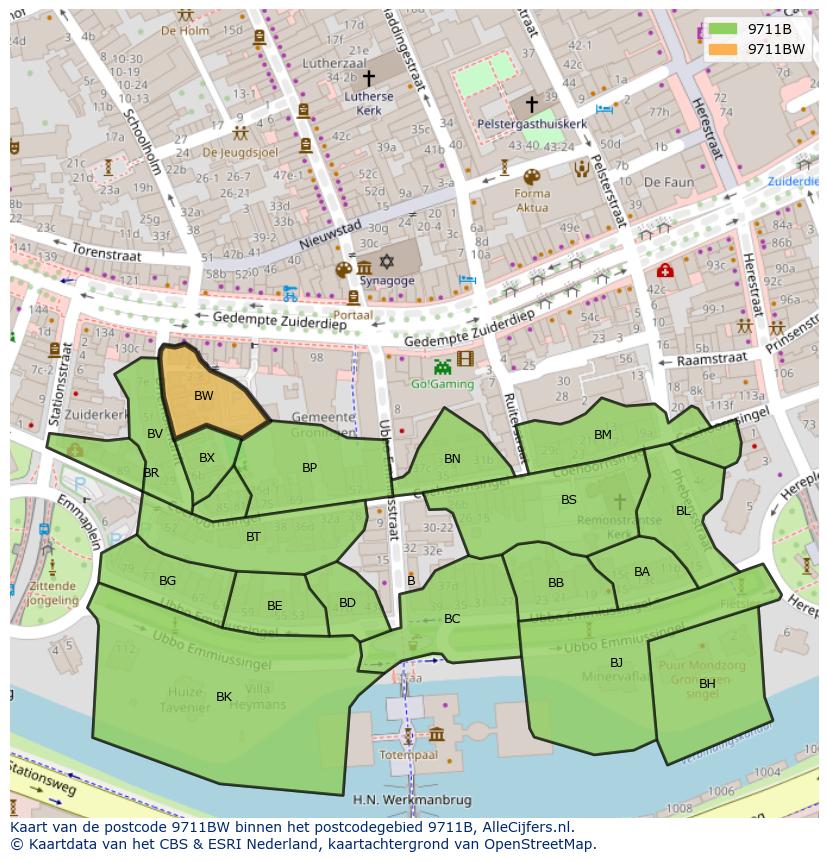 Afbeelding van het postcodegebied 9711 BW op de kaart.
