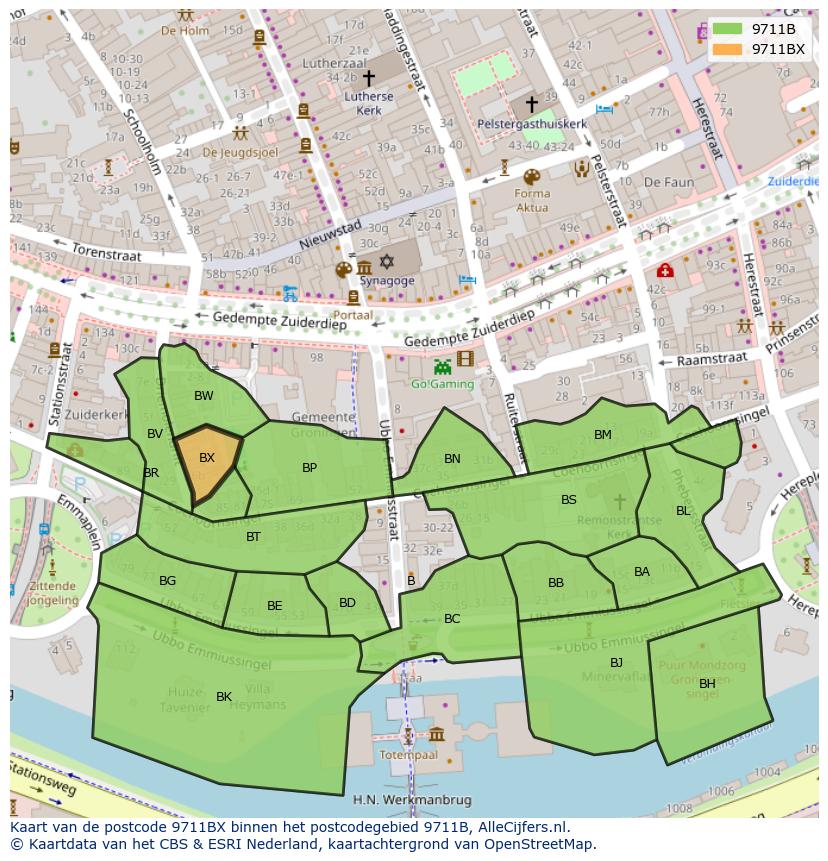 Afbeelding van het postcodegebied 9711 BX op de kaart.