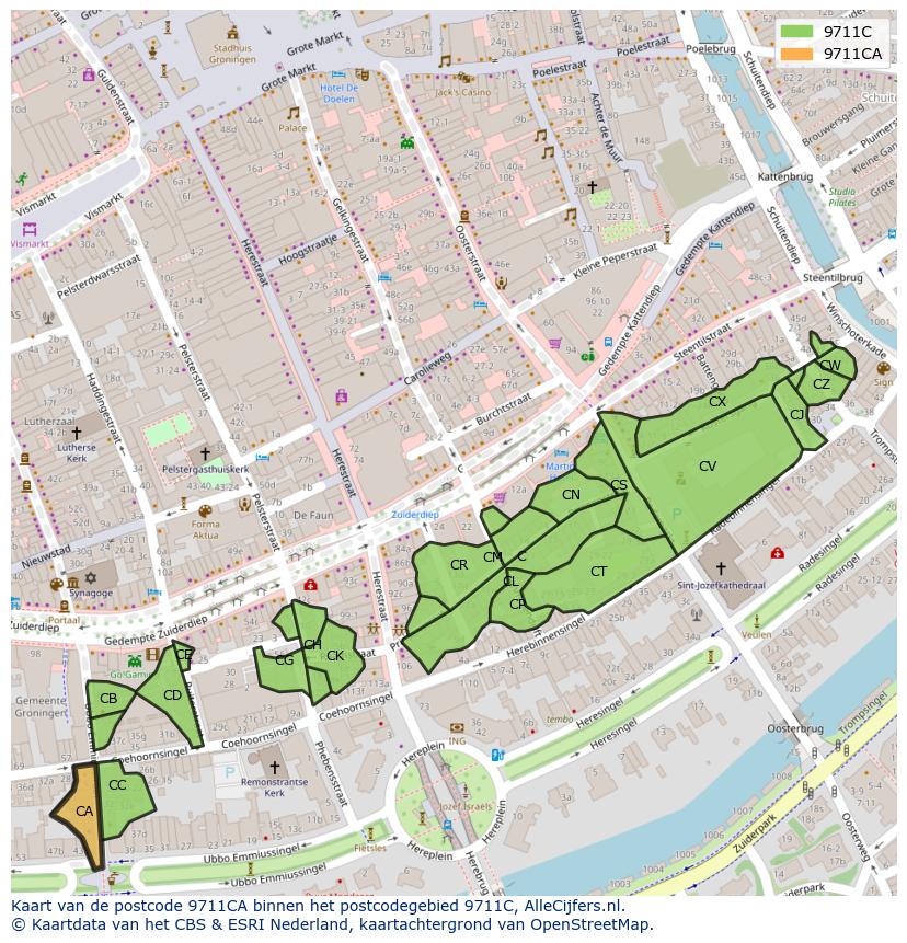 Afbeelding van het postcodegebied 9711 CA op de kaart.