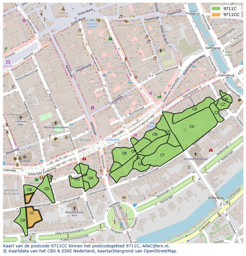 Afbeelding van het postcodegebied 9711 CC op de kaart.