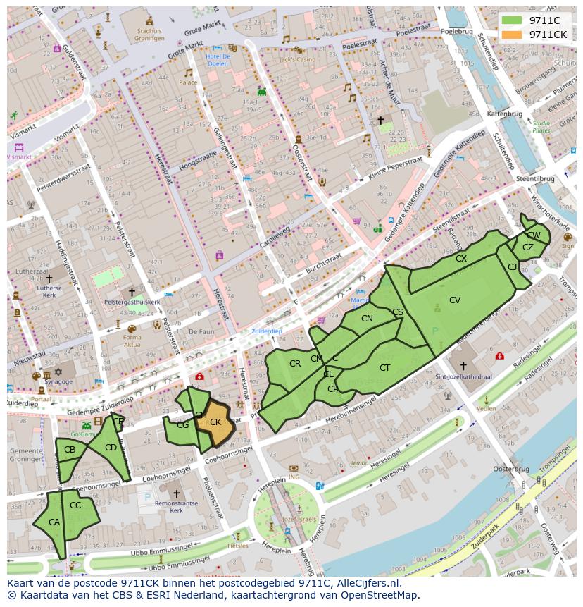 Afbeelding van het postcodegebied 9711 CK op de kaart.