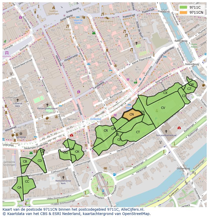 Afbeelding van het postcodegebied 9711 CN op de kaart.