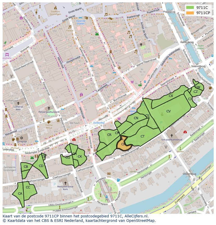 Afbeelding van het postcodegebied 9711 CP op de kaart.