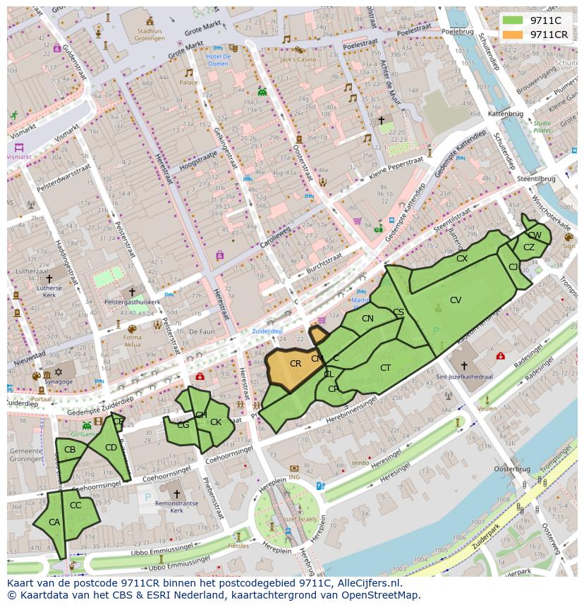 Afbeelding van het postcodegebied 9711 CR op de kaart.