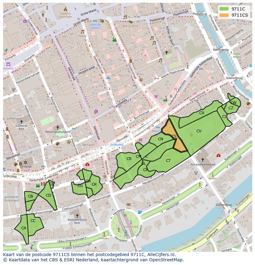 Afbeelding van het postcodegebied 9711 CS op de kaart.