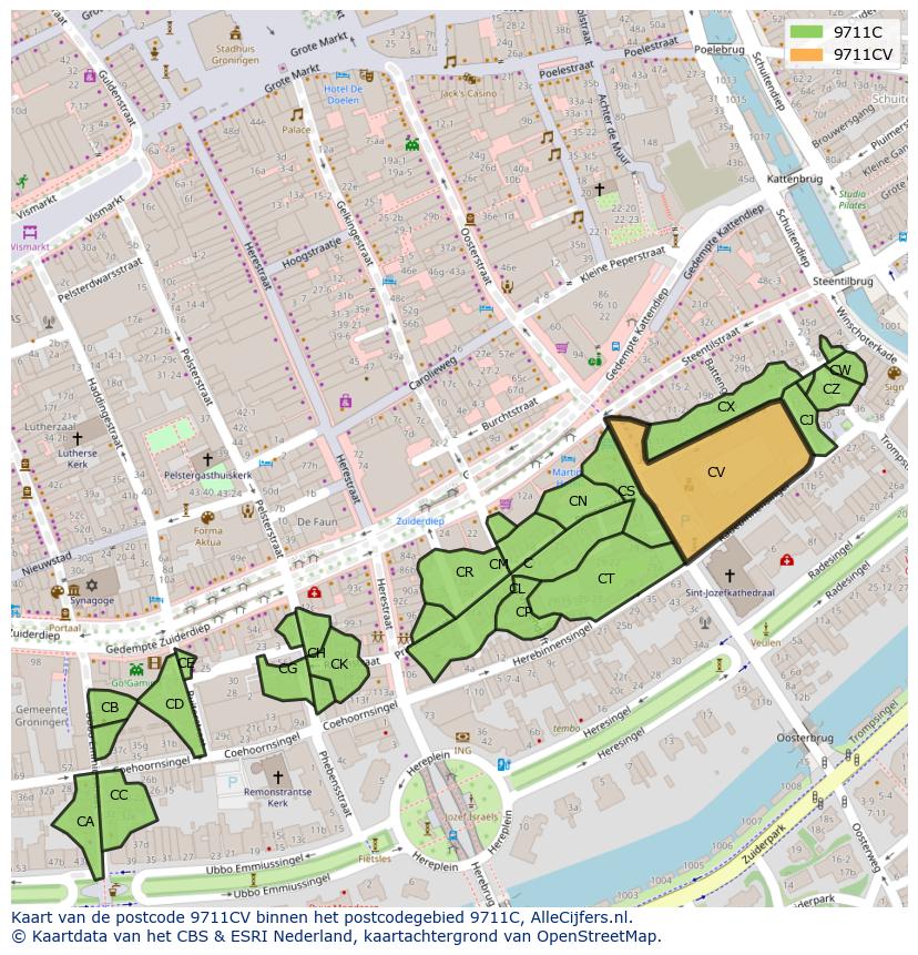 Afbeelding van het postcodegebied 9711 CV op de kaart.
