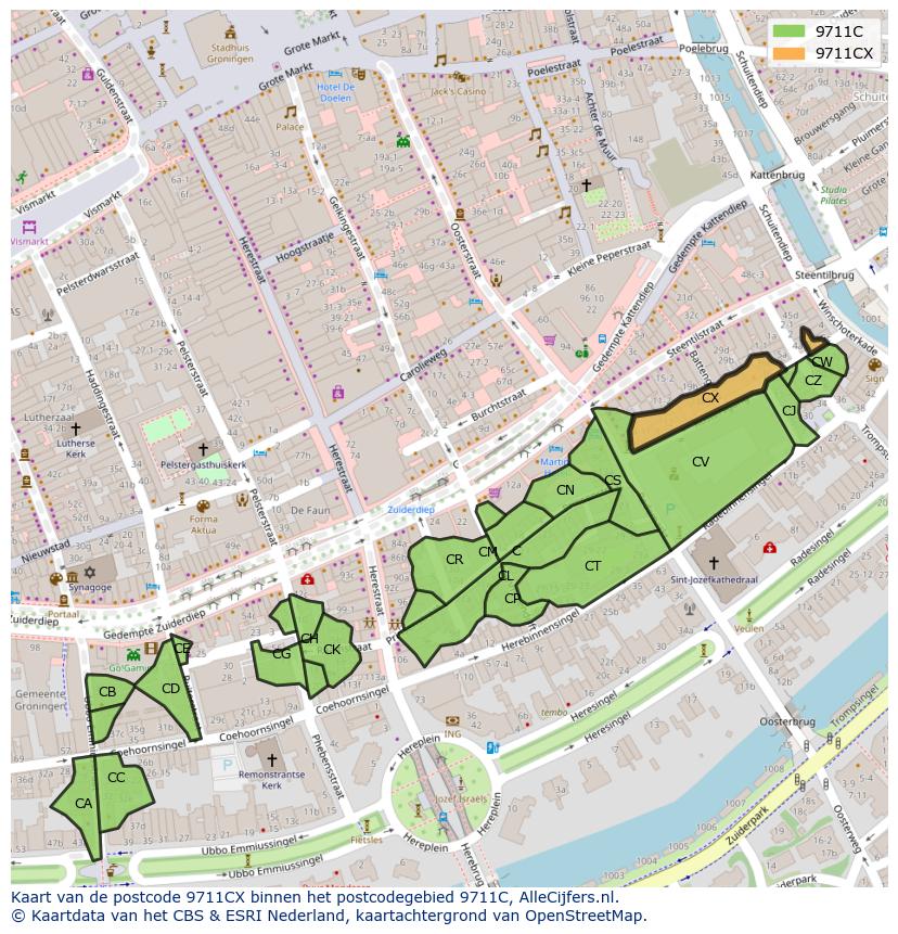 Afbeelding van het postcodegebied 9711 CX op de kaart.
