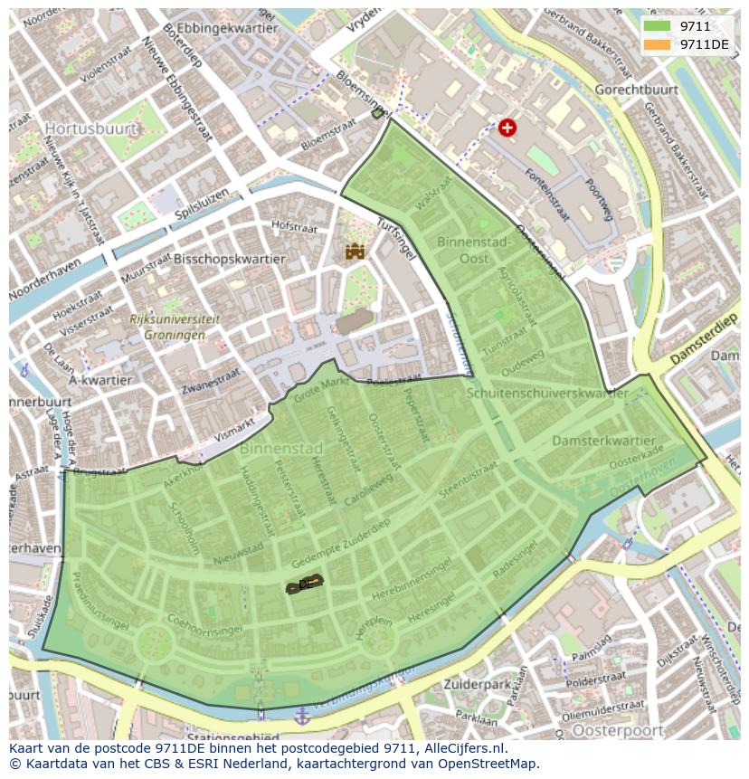 Afbeelding van het postcodegebied 9711 DE op de kaart.