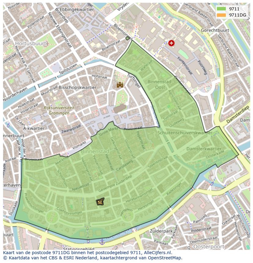 Afbeelding van het postcodegebied 9711 DG op de kaart.