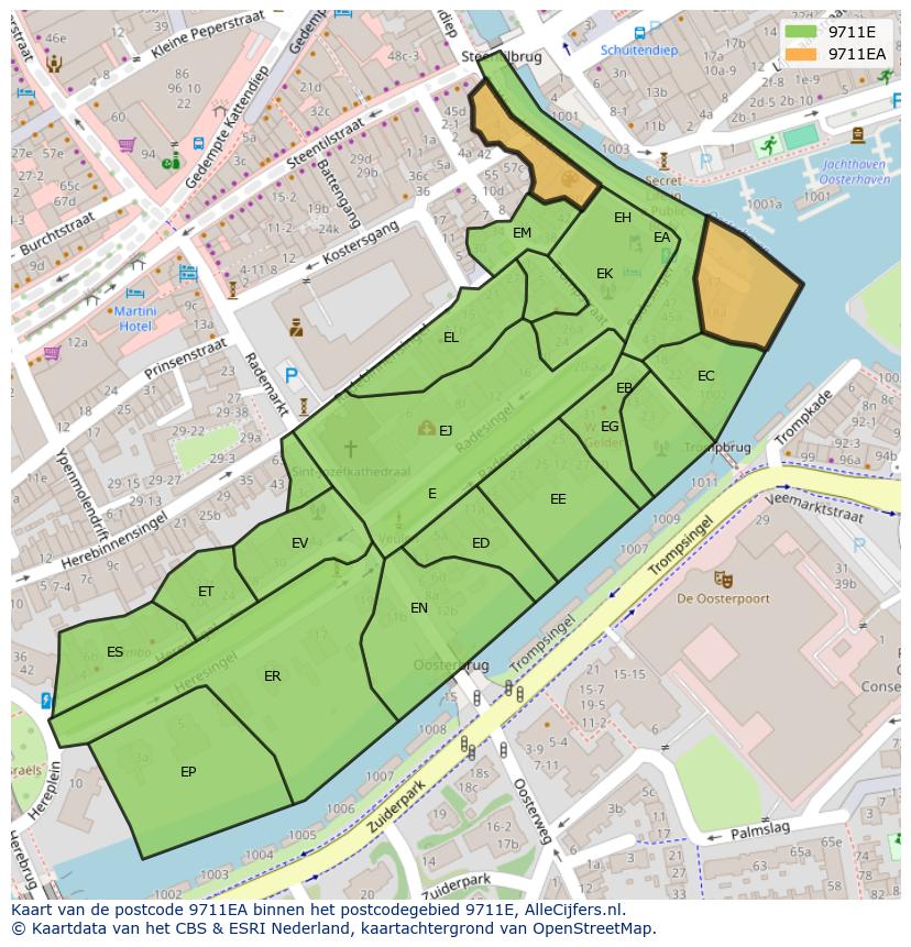 Afbeelding van het postcodegebied 9711 EA op de kaart.