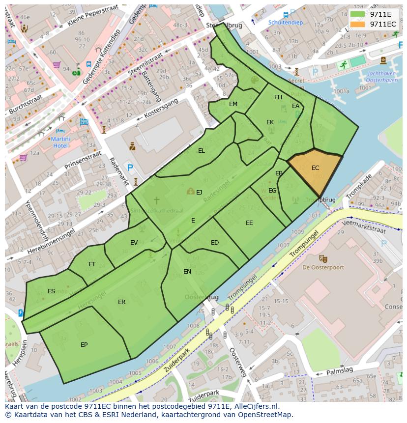 Afbeelding van het postcodegebied 9711 EC op de kaart.