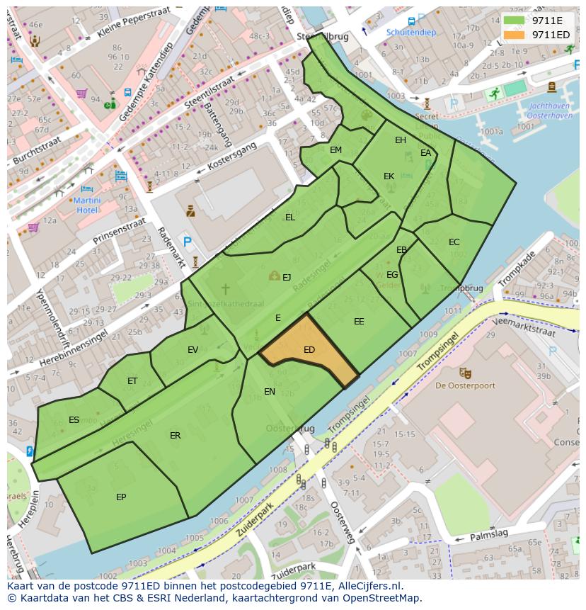 Afbeelding van het postcodegebied 9711 ED op de kaart.