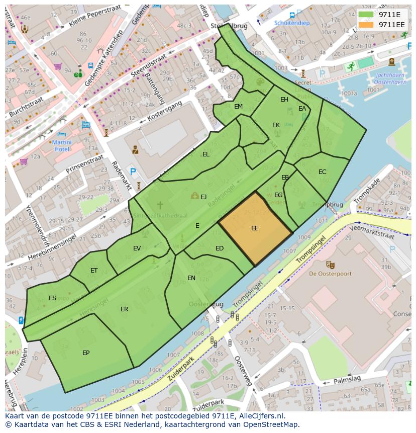 Afbeelding van het postcodegebied 9711 EE op de kaart.