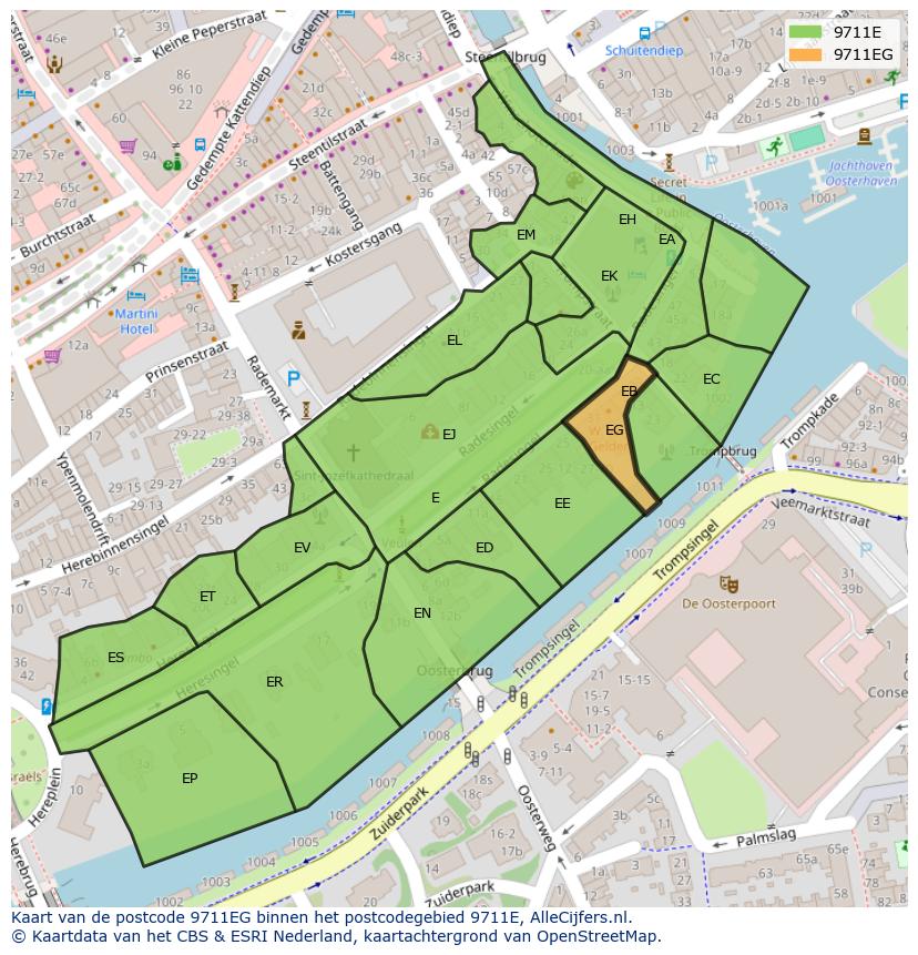Afbeelding van het postcodegebied 9711 EG op de kaart.