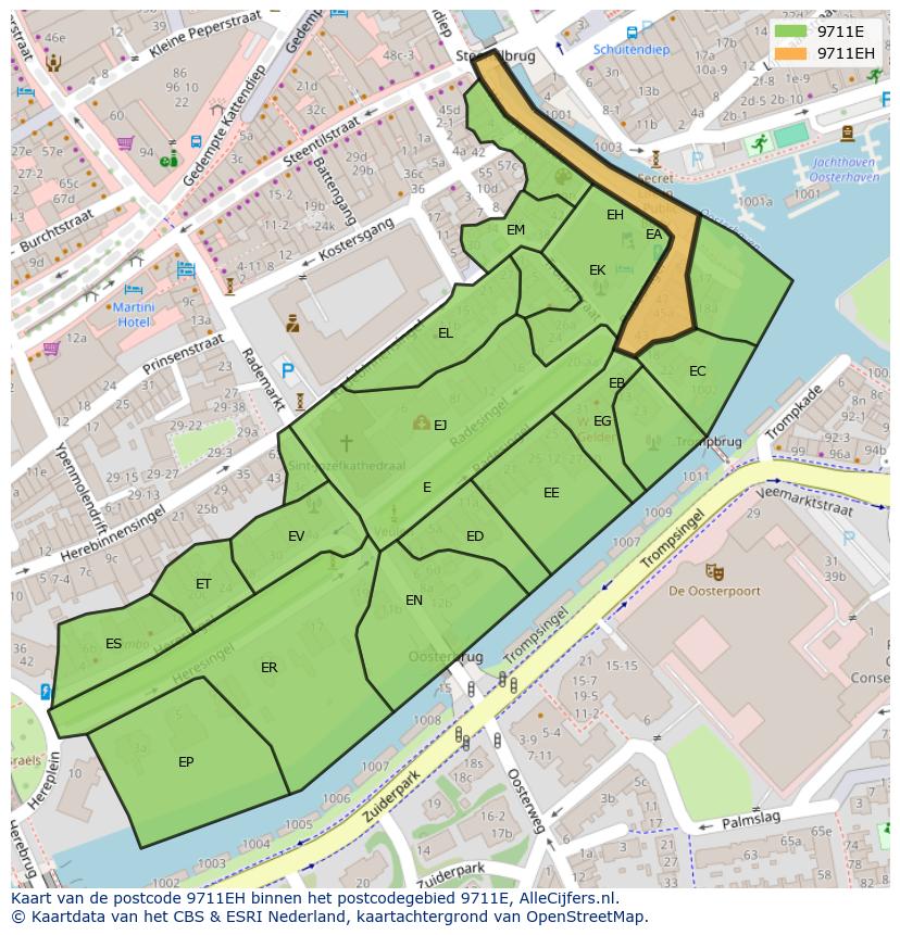 Afbeelding van het postcodegebied 9711 EH op de kaart.