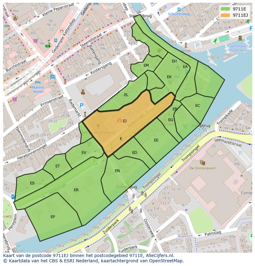 Afbeelding van het postcodegebied 9711 EJ op de kaart.