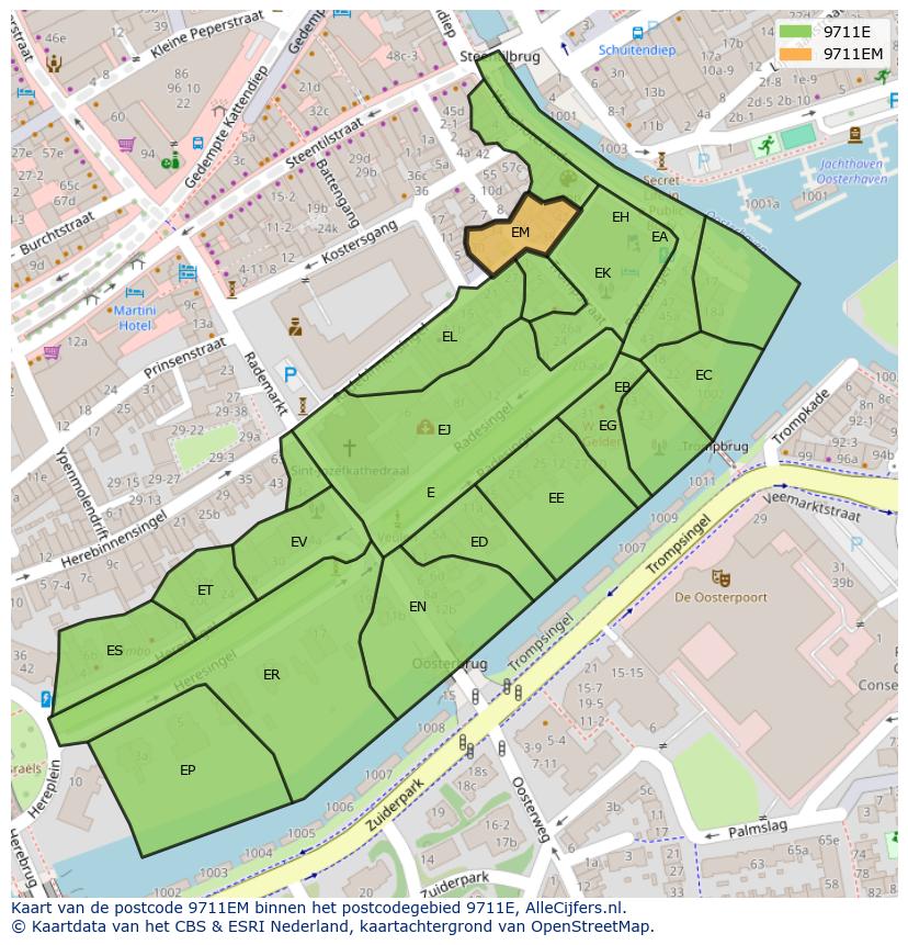 Afbeelding van het postcodegebied 9711 EM op de kaart.