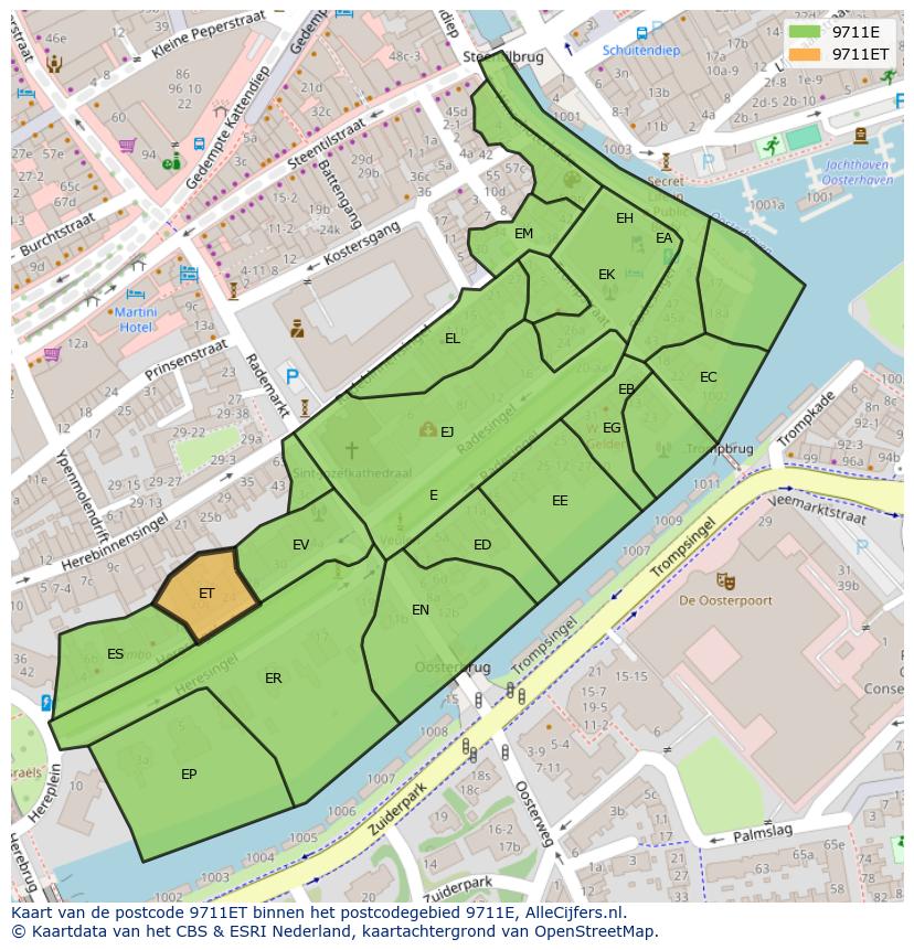 Afbeelding van het postcodegebied 9711 ET op de kaart.