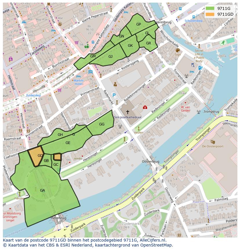Afbeelding van het postcodegebied 9711 GD op de kaart.