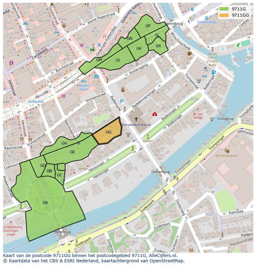Afbeelding van het postcodegebied 9711 GG op de kaart.