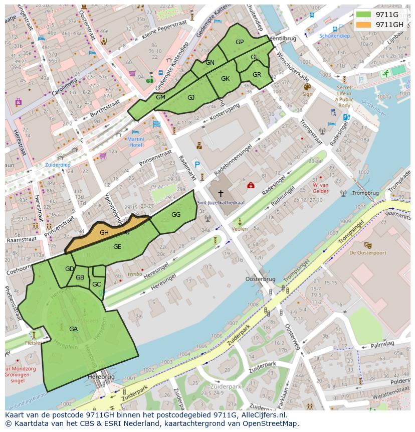 Afbeelding van het postcodegebied 9711 GH op de kaart.
