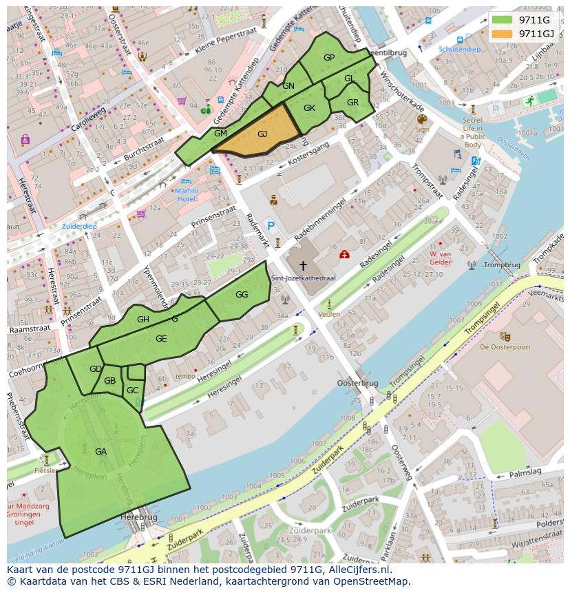 Afbeelding van het postcodegebied 9711 GJ op de kaart.