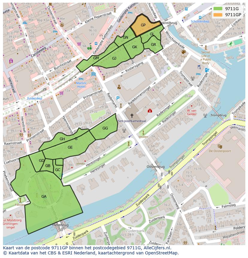 Afbeelding van het postcodegebied 9711 GP op de kaart.