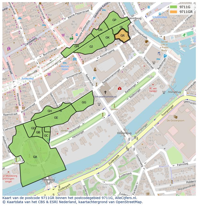 Afbeelding van het postcodegebied 9711 GR op de kaart.