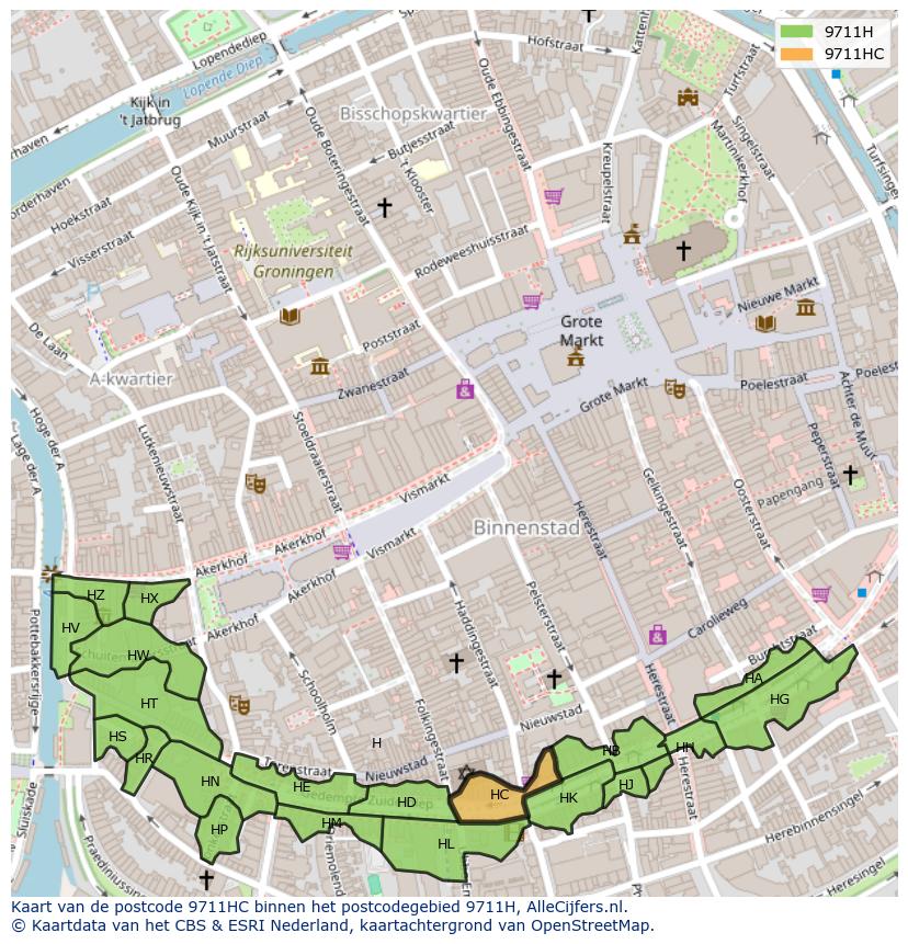 Afbeelding van het postcodegebied 9711 HC op de kaart.