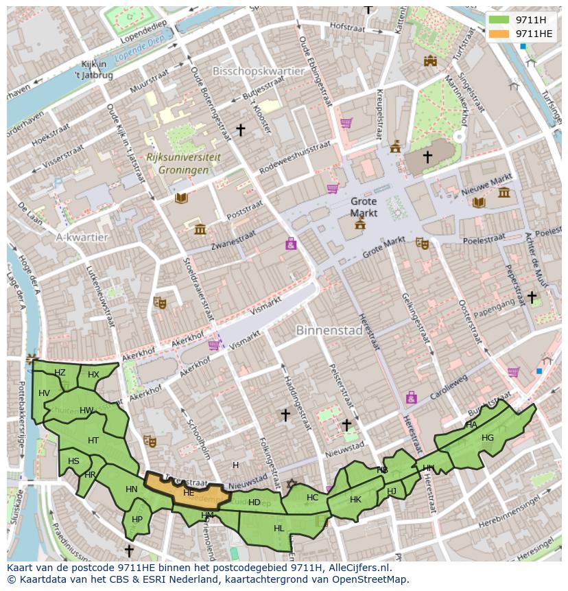 Afbeelding van het postcodegebied 9711 HE op de kaart.