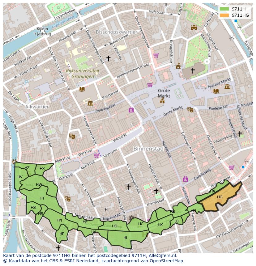 Afbeelding van het postcodegebied 9711 HG op de kaart.