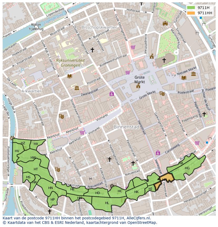 Afbeelding van het postcodegebied 9711 HH op de kaart.