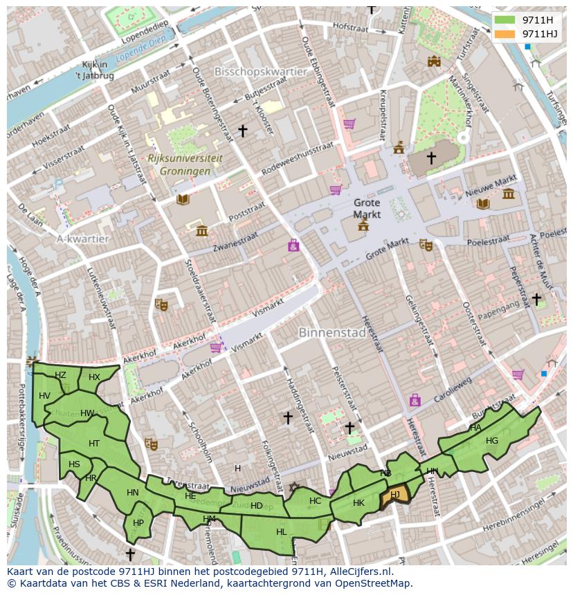 Afbeelding van het postcodegebied 9711 HJ op de kaart.