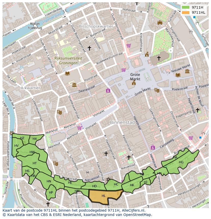 Afbeelding van het postcodegebied 9711 HL op de kaart.