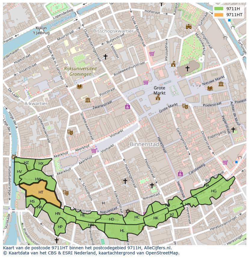 Afbeelding van het postcodegebied 9711 HT op de kaart.
