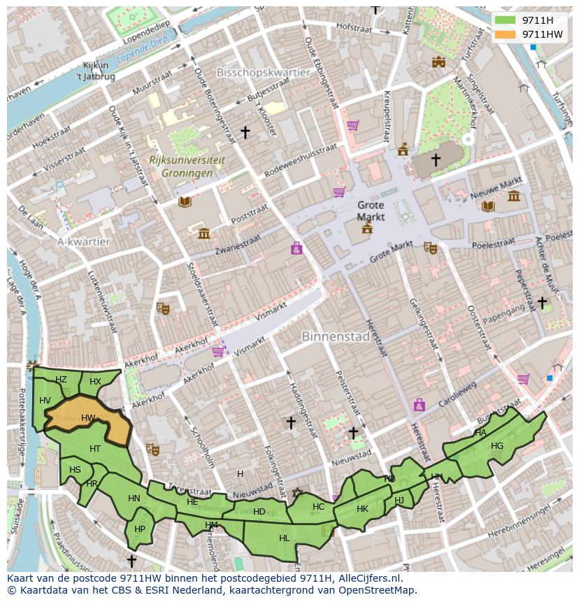 Afbeelding van het postcodegebied 9711 HW op de kaart.