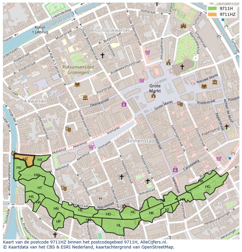 Afbeelding van het postcodegebied 9711 HZ op de kaart.