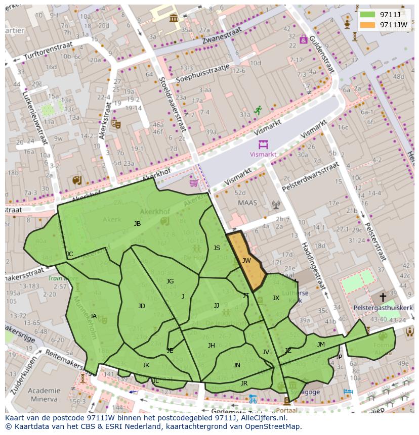 Afbeelding van het postcodegebied 9711 JW op de kaart.