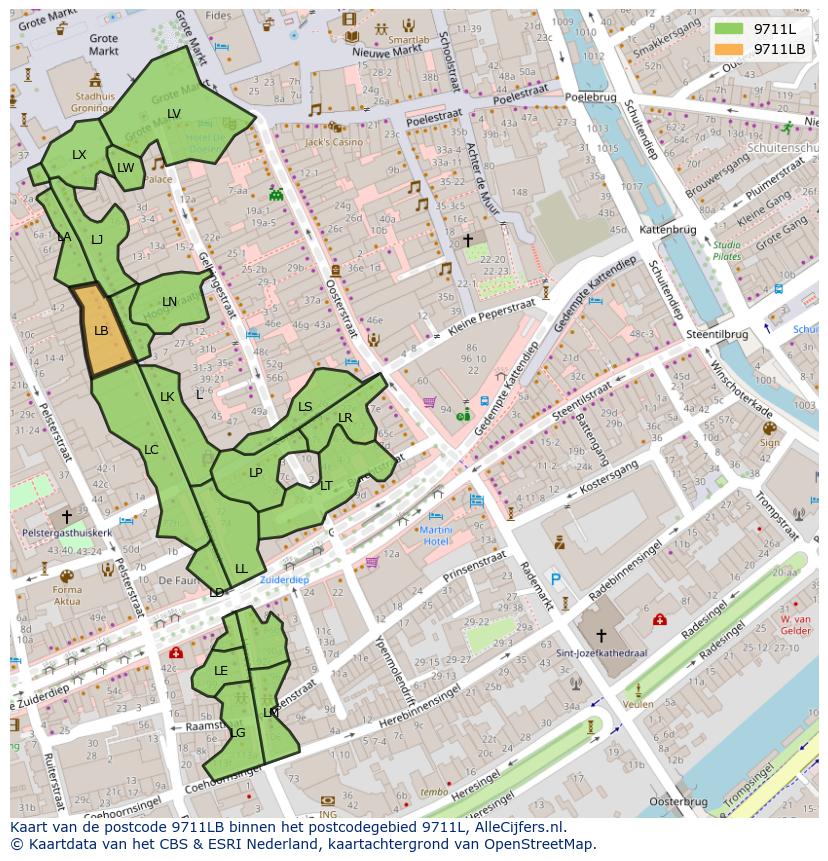 Afbeelding van het postcodegebied 9711 LB op de kaart.