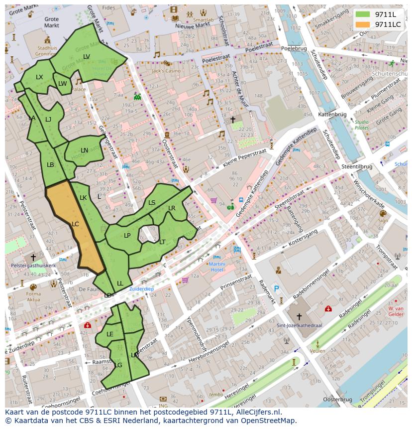 Afbeelding van het postcodegebied 9711 LC op de kaart.