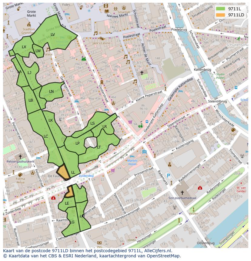 Afbeelding van het postcodegebied 9711 LD op de kaart.