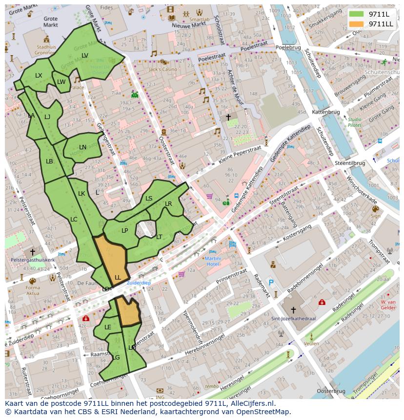 Afbeelding van het postcodegebied 9711 LL op de kaart.
