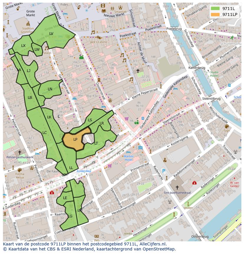 Afbeelding van het postcodegebied 9711 LP op de kaart.